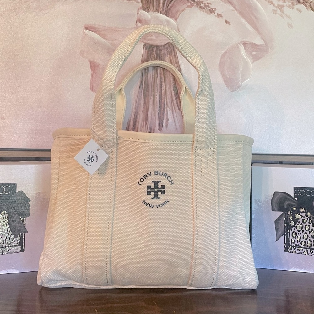 NWT TORY BURCH Mercer Natural Canvas Small Tote Bag, only opened for pictures